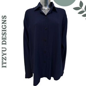 Itzyu Navy Button-Front Blouse XL Rayon Blend